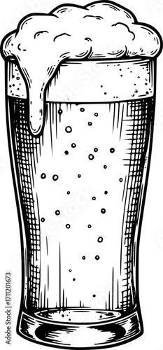 a glass of beer full of foam engraving black and white outline. Scratch board imitation.
