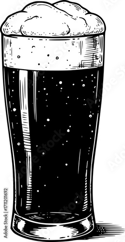 a glass of beer full of foam engraving black and white outline. Scratch board imitation.

