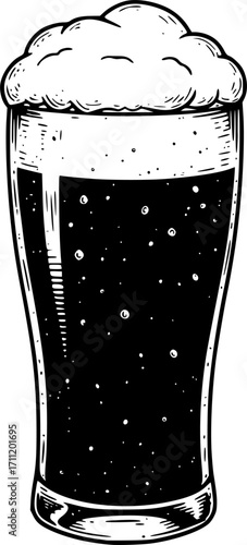 a glass of beer full of foam engraving black and white outline. Scratch board imitation.
