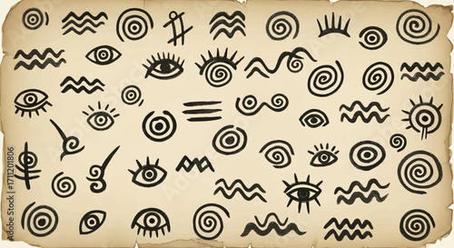 Ancient Symbols and Eyes on Aged Parchment Paper Texture