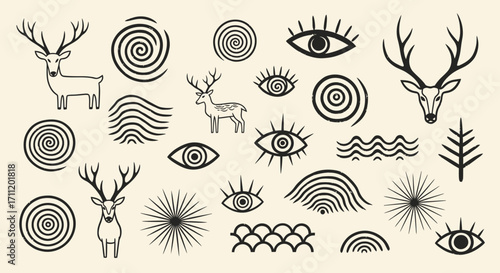 Stylized Deer, Eyes, and Spirals: A Collection of Monochromatic Graphic Elements