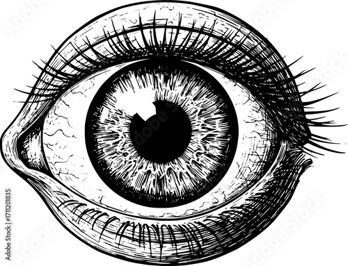 Eyeball with angel wings sketch engraving black and white outline. Scratch board imitation.
