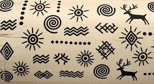 Hand Drawn Aboriginal Style Symbols and Deer on Beige Background