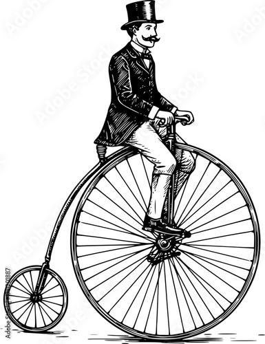 Gentleman riding penny farthing bicycle sketch engraving black and white outline. Scratch board imitation. illustrated in vintage line art style on a white background.