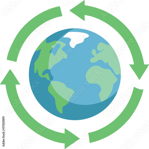 Earth surrounded by circular arrows with gradient green shading and subtle shadow.