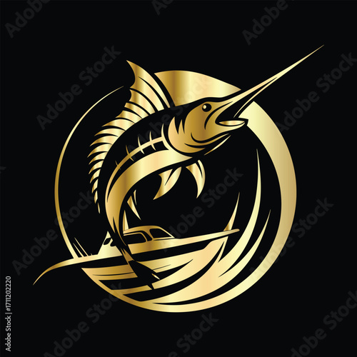 Golden Marlin Fish Logo Design – Luxury Sailfish Vector Emblem for Sport Fishing, Seafood Branding, Ocean Adventure Badge, Premium Fisherman Club Icon, Stylish Golden Logo Illustration.
