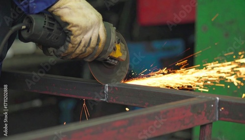 Skilled worker using a grinder on metal, sparks flying