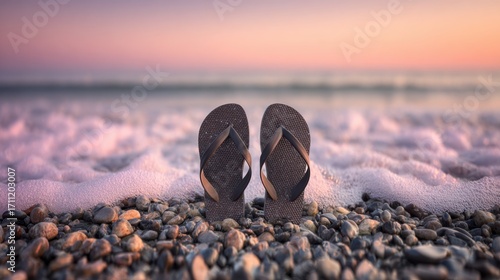 Black Flip Flops Resting on Pebble Beach with Gentle Waves Under a Beautiful Sunrise Sky