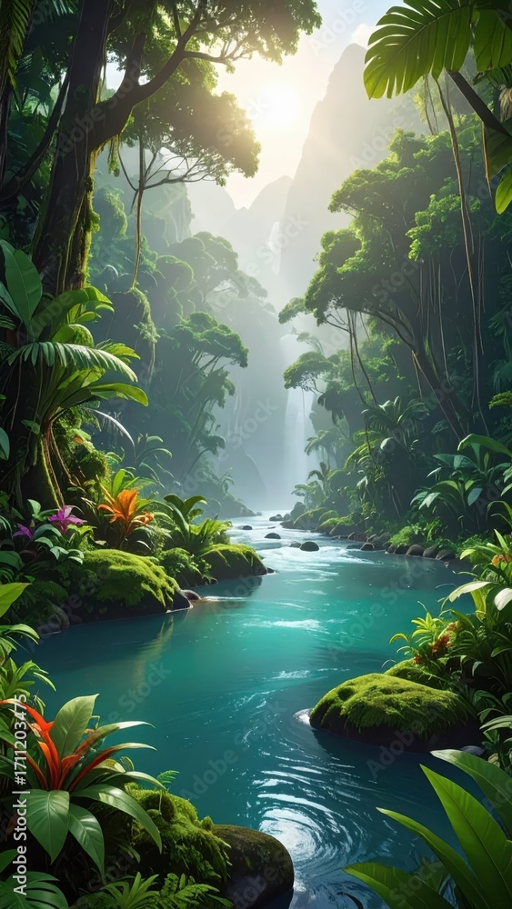 Fototapeta premium Tranquil Jungle River Surrounded by Lush Greenery and Misty Mountains