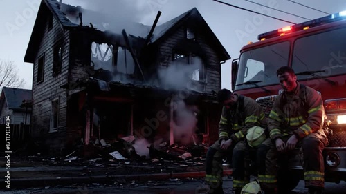 Exhausted and dejected firefighters sit on a fire truck in the aftermath of a devastating house fire.