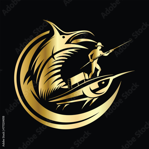 Golden Marlin Fish Logo Design – Luxury Sailfish Vector Emblem for Sport Fishing, Seafood Branding, Ocean Adventure Badge, Premium Fisherman Club Icon, Stylish Golden Logo Illustration.
