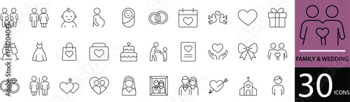 Minimal Family and Wedding Line Icon Set 30 Clean Outline Symbols for Love, Ceremony, and Relationship Design