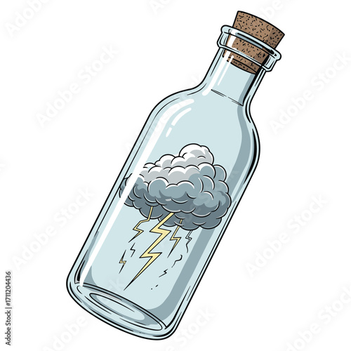 Vector Illustration of a Glass Bottle Containing a Storm Cloud with Lightning in Modern Style