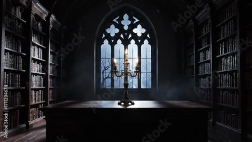 Animated push in shot of a dark and spooky gothic library on a stormy night with lightning and a lit candelabra.