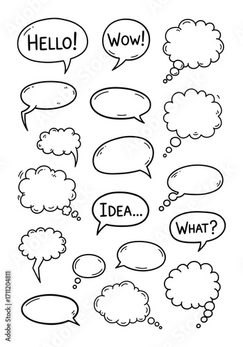A creative collection of hand-drawn sketch style speech bubbles and thought clouds for expressing dialogue and ideas