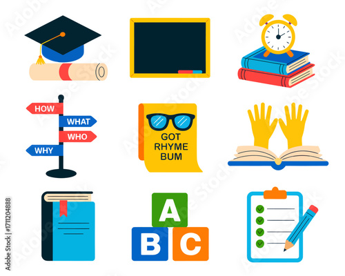 A set of nine colorful vector illustrations related to education and learning.