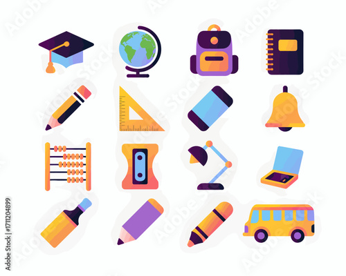 Collection of colorful school supplies and educational icons, perfect for learning and education.