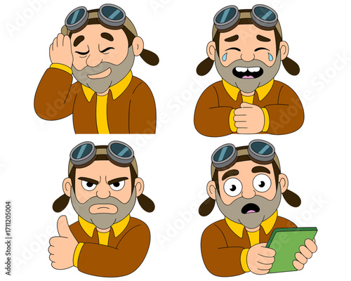 Four cartoon illustrations of a pilot expressing different emotions and actions.