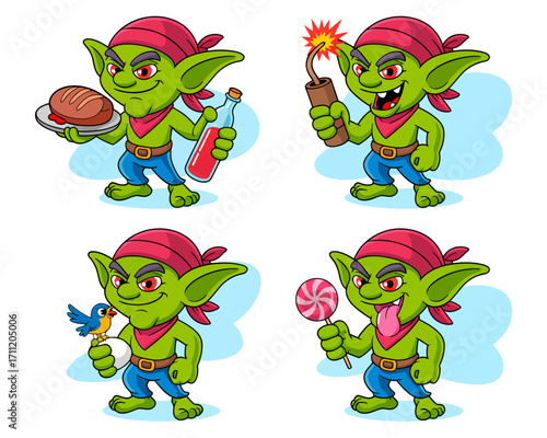 Four cartoon green goblins in various poses, holding items like food, dynamite, a bird, and a lollipop.