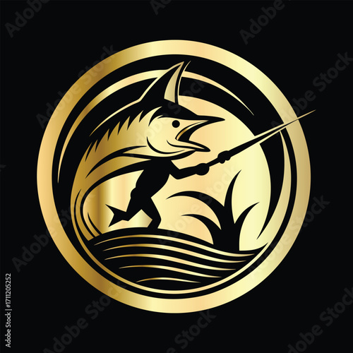 Golden Marlin Fish Logo Design – Luxury Sailfish Vector Emblem for Sport Fishing, Seafood Branding, Ocean Adventure Badge, Premium Fisherman Club Icon, Stylish Golden Logo Illustration.
