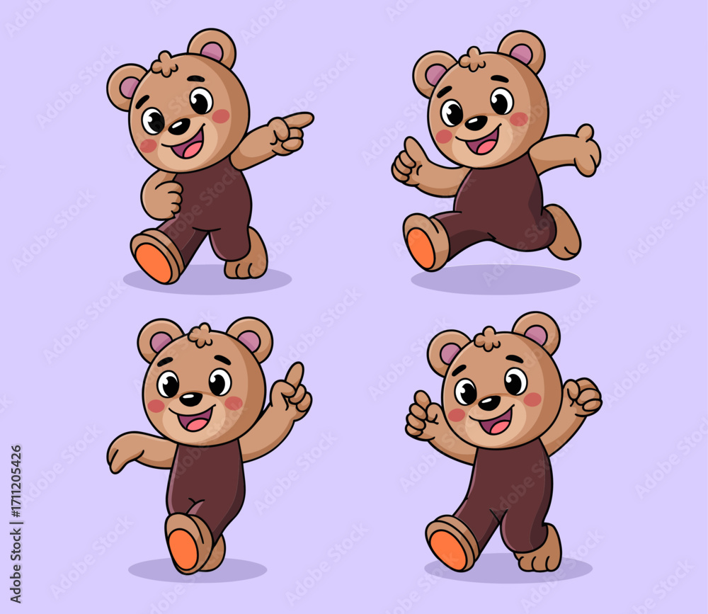 Fototapeta premium Cartoon bear character in various poses on a light purple background.