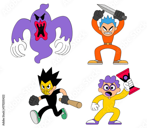 Four vibrant cartoon characters in dynamic poses, including a purple ghost, a knife-wielding figure, a masked bat-wielder, and a yellow-clad character with glasses.
