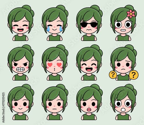Collection of cartoon illustrations featuring a girl with green hair, displaying various emotional expressions.