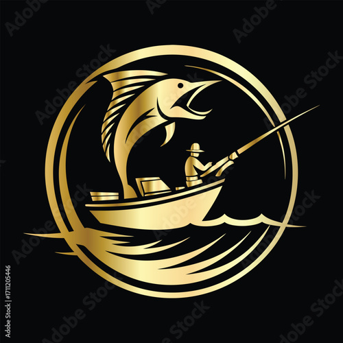 Golden Marlin Fish Logo Design – Luxury Sailfish Vector Emblem for Sport Fishing, Seafood Branding, Ocean Adventure Badge, Premium Fisherman Club Icon, Stylish Golden Logo Illustration.
