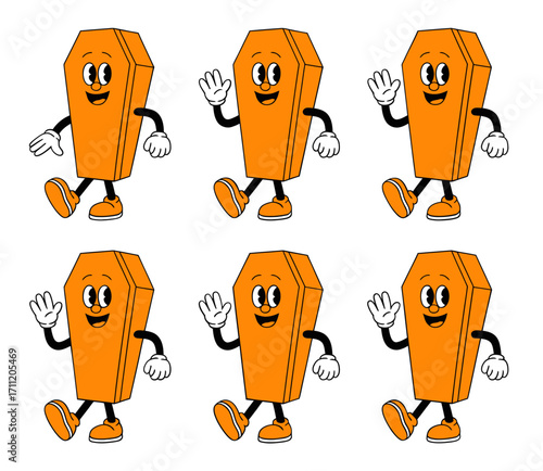 A set of six cartoon-style orange coffins with arms and legs, waving and walking in a playful, retro animation style.