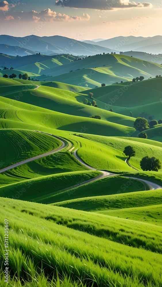 Fototapeta premium Lush Green Hills Under a Soft Golden Sunset Sky in Nature