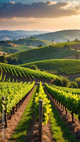 Wallpaper Mural Lush Vineyard Landscape at Sunset with Rolling Green Hills and Sky Torontodigital.ca