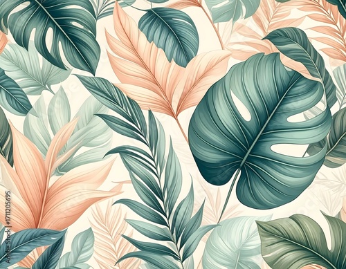 Seamless Botanical Pattern of Tropical Leaves in Pastel Colors
