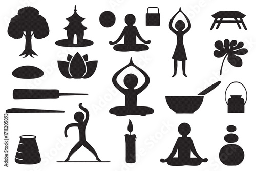 Silhouette icons of yoga and meditation elements