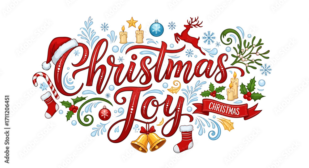 Fototapeta premium Celebrate the festive spirit with vibrant Christmas Joy lettering and iconic holiday symbols