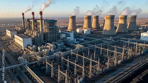 Aerial view of a large thermal power plant with cooling towers and a substation generating electricity at sunset.