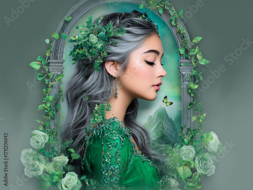 A mystical fantasy portrait of a beautiful woman in an elegant green dress with silver hair, surrounded by roses and ivy, radiating ethereal charm and magical elegance.