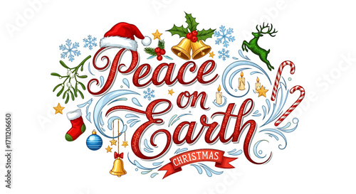 Sparkling 'Peace on Earth' Christmas greeting art with festive holiday icons