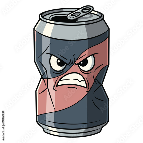Cartoon Angry Soda Can Vector Illustration in Modern Style with Bold Lines and Expressive Facial Features