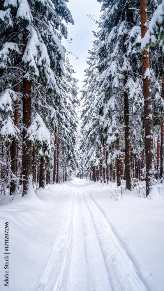 Obraz premium Tranquil Snowy Path Through Evergreen Forest in Winter Wonderland
