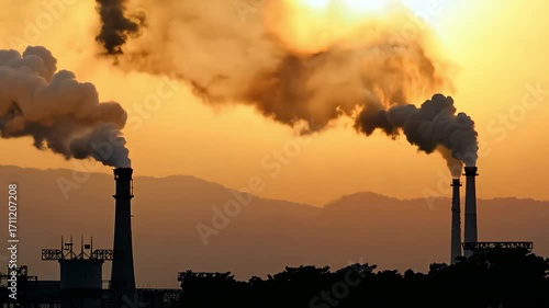 A time lapse of industrial factory smokestacks emitting thick smoke and pollution into the atmosphere at sunset.
