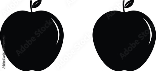 Two Simple Black Apple Silhouettes with Leaf Icons on Transparent Background - Minimalist Fruit Vector Illustration for Design Resources and Healthy Lifestyle Concepts.