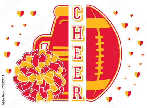 Cheerleader Megaphone and Pompom and Football. Red and Gold Cheerleader illustration.