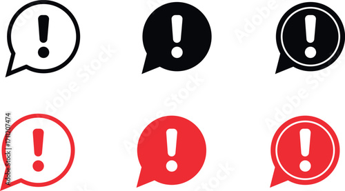 Collection of exclamation mark icons in speech bubbles for alerts notifications warnings and important messages with variations in color and outline style.