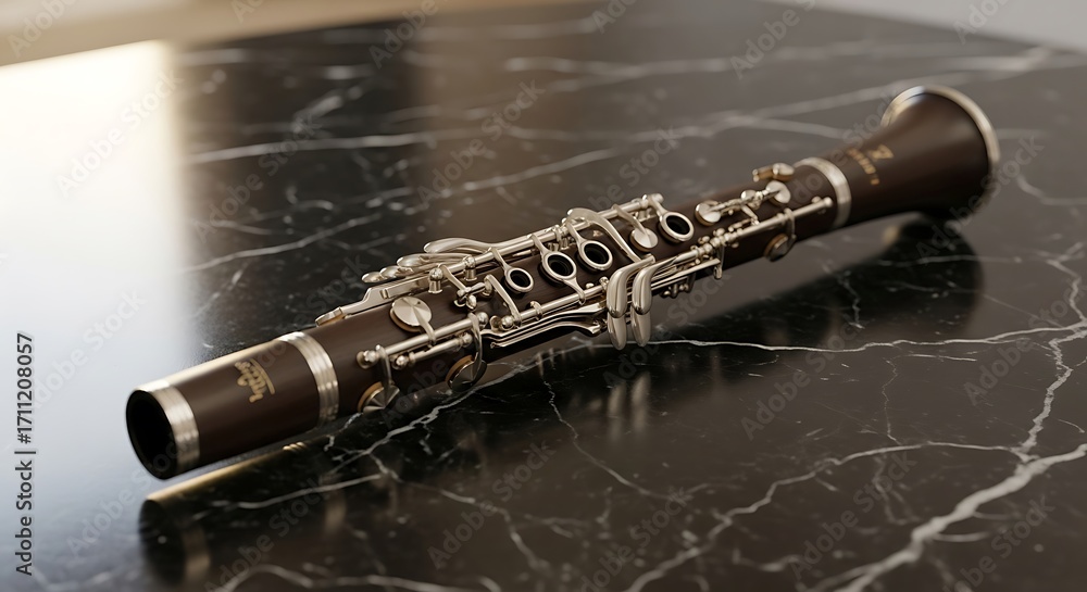 Naklejka premium Clarinet on Marble Surface, Evoking Music Culture, Classical Elegance