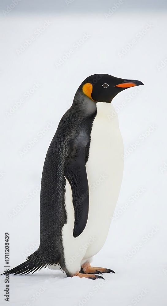 Obraz premium A solitary emperor penguin stands proud on a pristine expanse of snow, showcasing its striking black and white plumage and vibrant orange markings.
