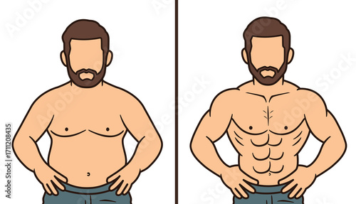 cartoon illustration how to make your bodyfat become muscular and six pack, Weight Loss, Muscle Gain, Fitness