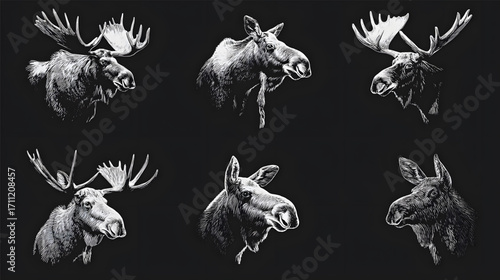 Six detailed black and white portraits of moose heads with impressive antlers.