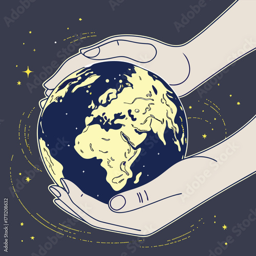 Hands Gently Holding the Earth in a Starry Cosmos planet