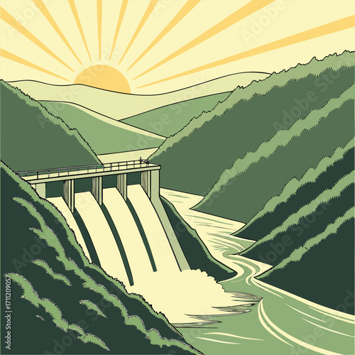 Hydroelectric Dam in a Green Valley Under a Sunburst Sky