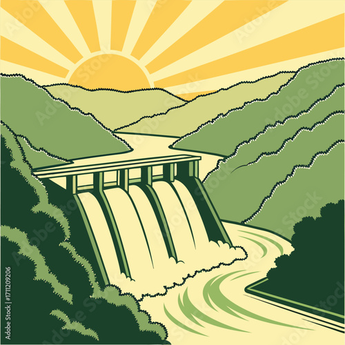 Hydroelectric Dam with Water Flowing and Sunburst Sky